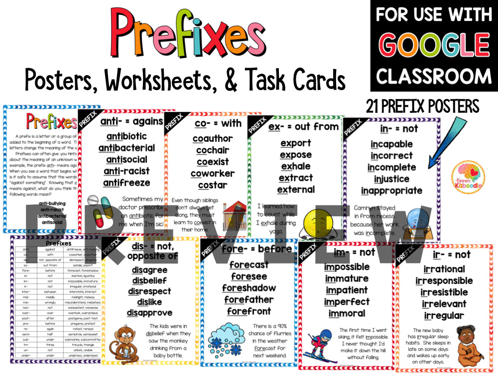 Prefixes Posters, Task Cards, and Worksheets PREVIEW