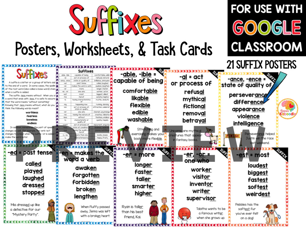 Suffixes Posters, Task Cards, and Worksheets PREVIEW