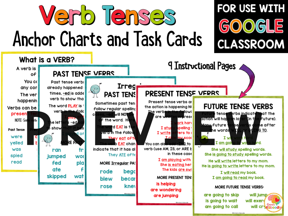 Verb Tenses Task Cards and Anchor Charts PREVIEW
