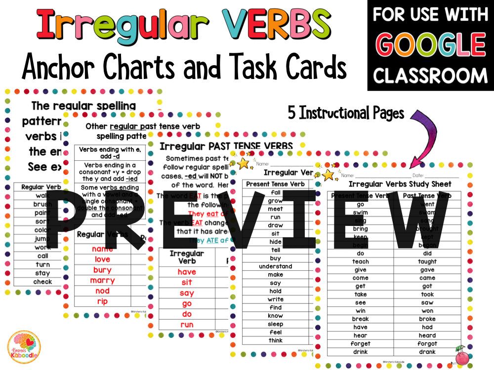 Irregular Verbs Task Cards and Anchor Charts PREVIEW