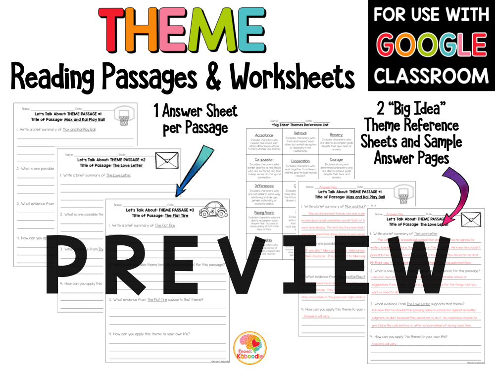 Theme Reading Passages Printable and Digital Option