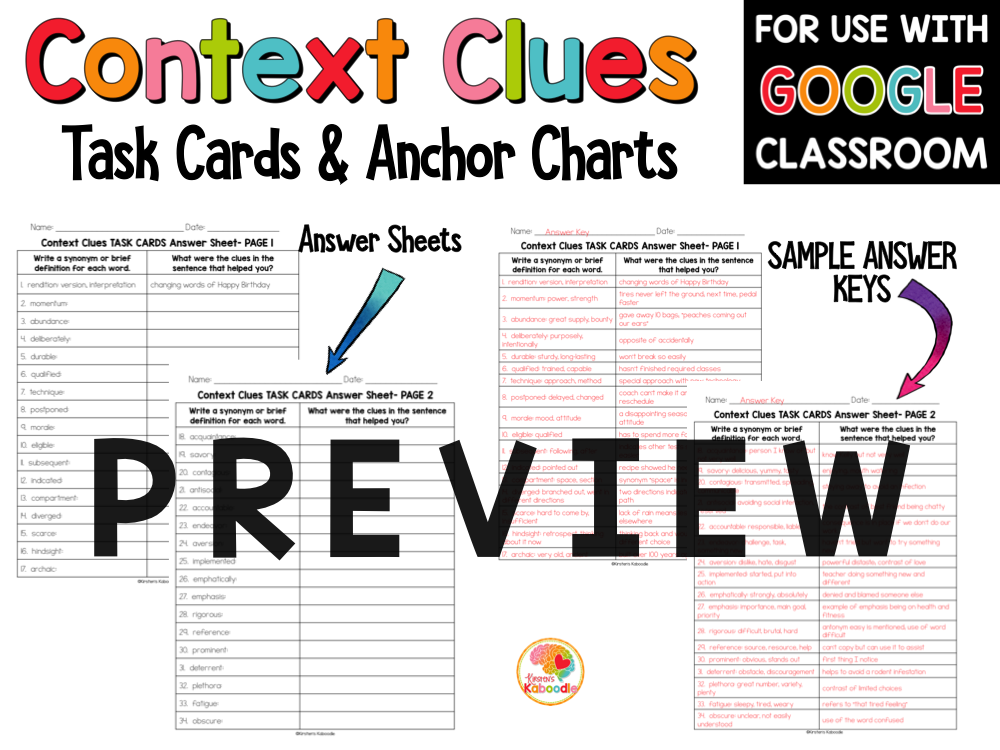 Context Clues Task Cards 4th to 6th PREVIEW