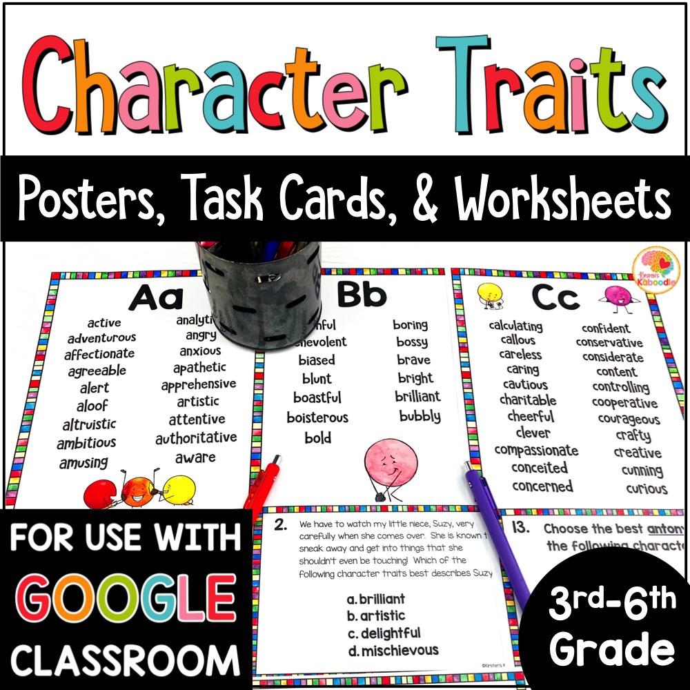 Character Traits Posters, Task Cards, and Worksheets COVER