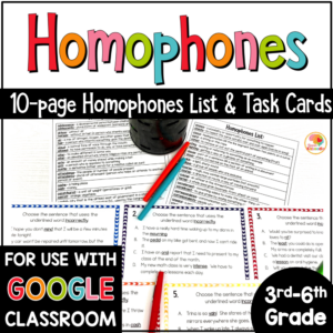 Homophones Activities, Task Cards, and Lists for Upper Grades with Digital Option in Google COVER