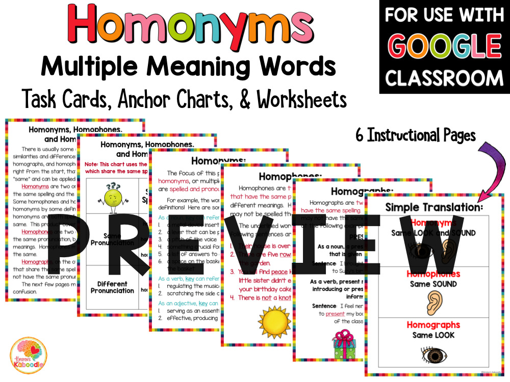 Multiple Meaning Words: Homonyms Activities Task Cards Worksheets PREVIEW