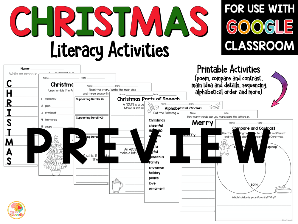 Christmas Literacy Activities Worksheets PREVIEW