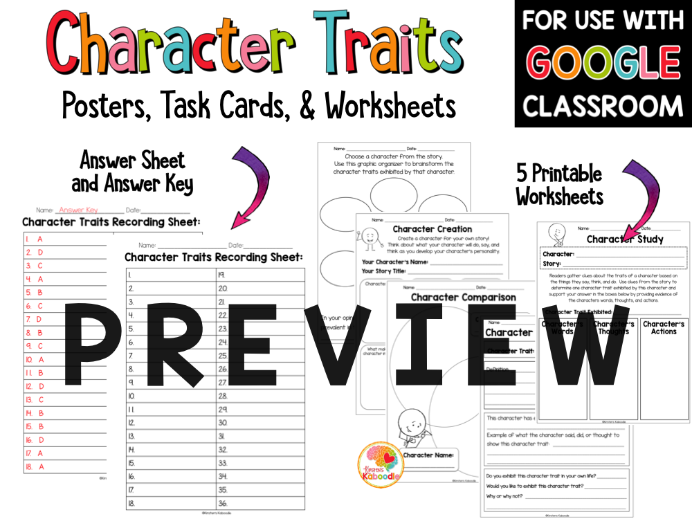 Character Traits Posters, Task Cards, and Worksheets PREVIEW