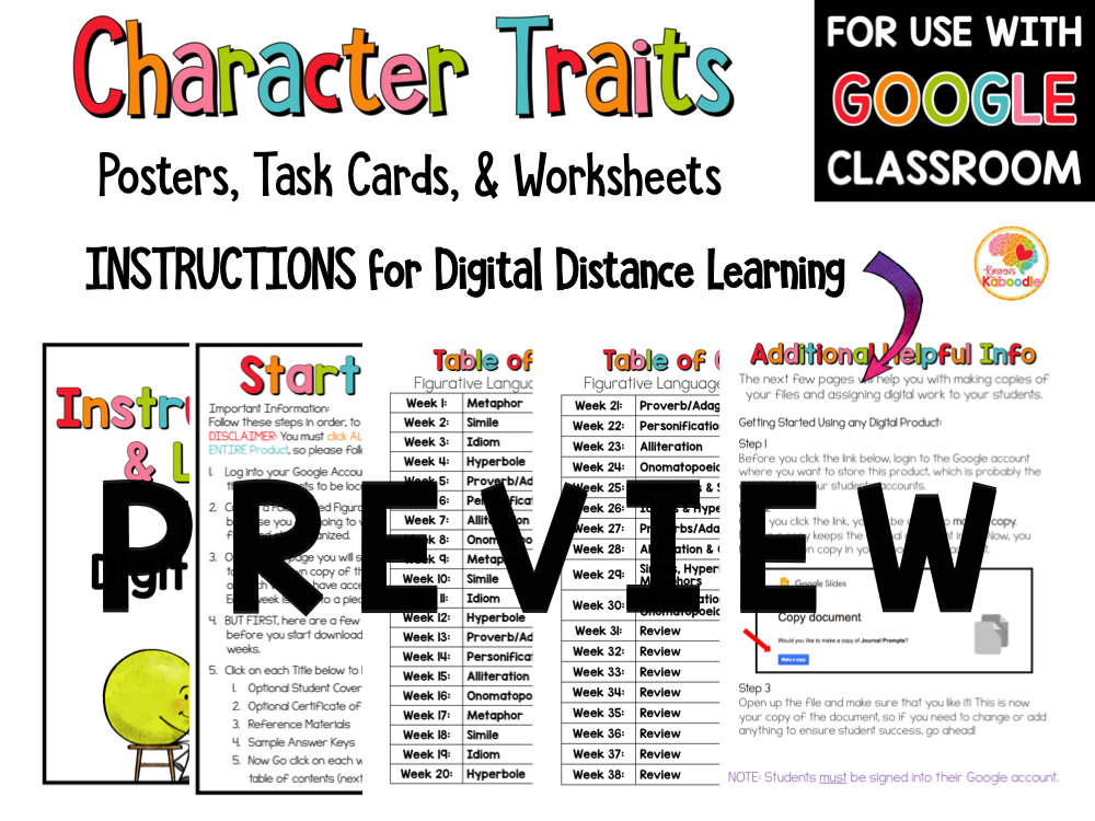 Character Traits Posters, Task Cards, and Worksheets PREVIEW