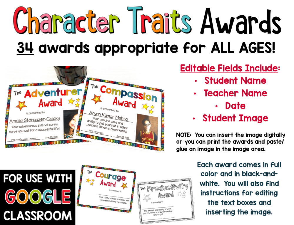 Character Traits Awards with Insertable Image and Distance Learning Option PREVIEW
