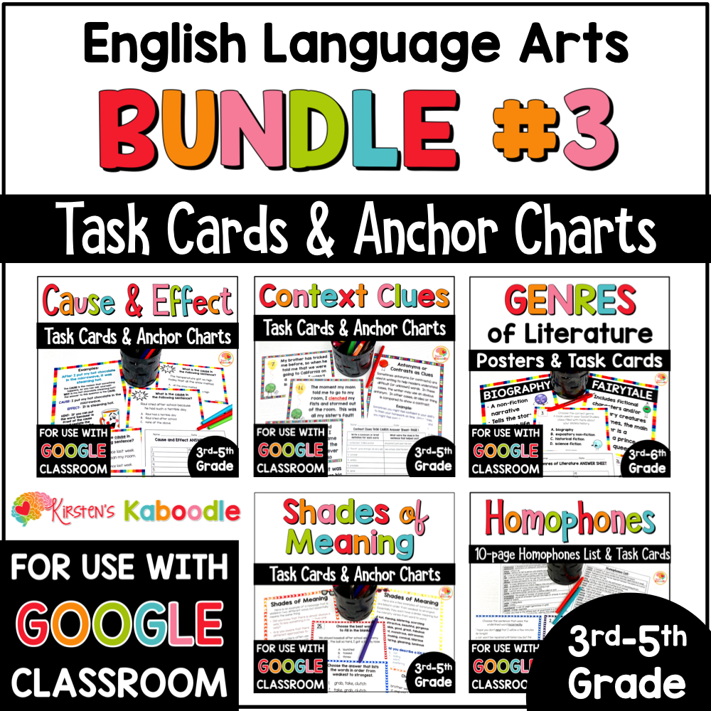 English Language Arts Task Cards Bundle #3 for 3rd, 4th, and 5th Grade Distance Learning COVER