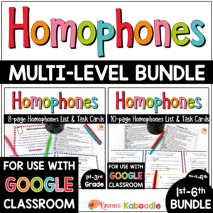 Homophones Activities Lists and Task Cards BUNDLE for 1st to 6th Grade COVER