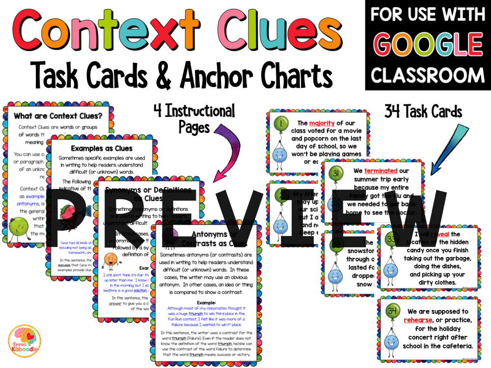 Context Clues Task Cards and Anchor Charts 2nd to 4th PREVIEW