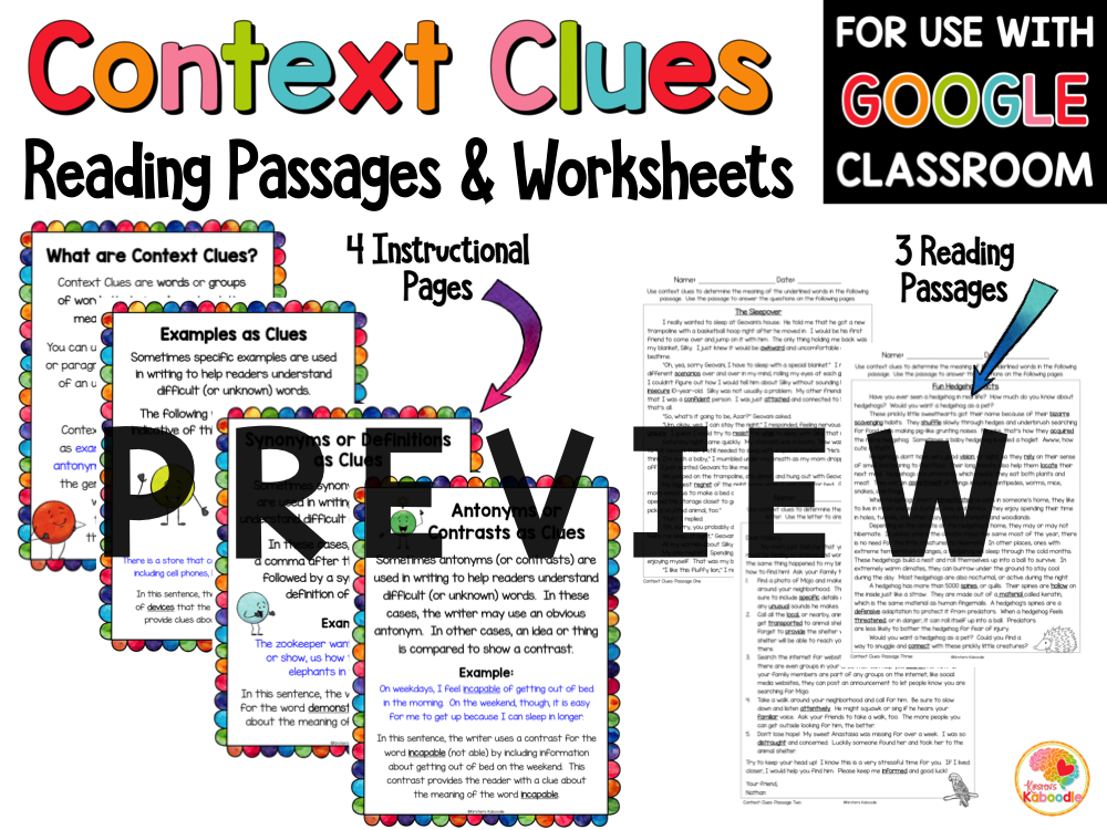 Context Clues Reading Passages for 2nd, 3rd, and 4th Grade with Digital Distance Learning Option