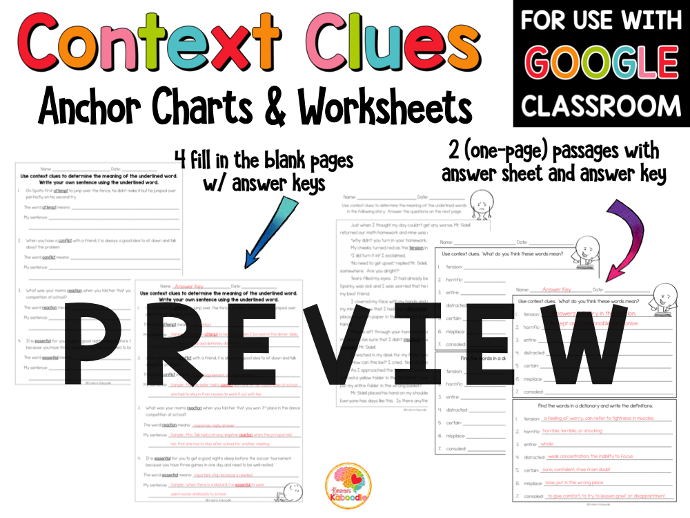 Context Clues Printables Worksheets for 2-4 PREVIEW