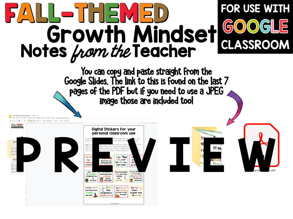 Growth Mindset Notes from the Teacher Fall Theme PREVIEW